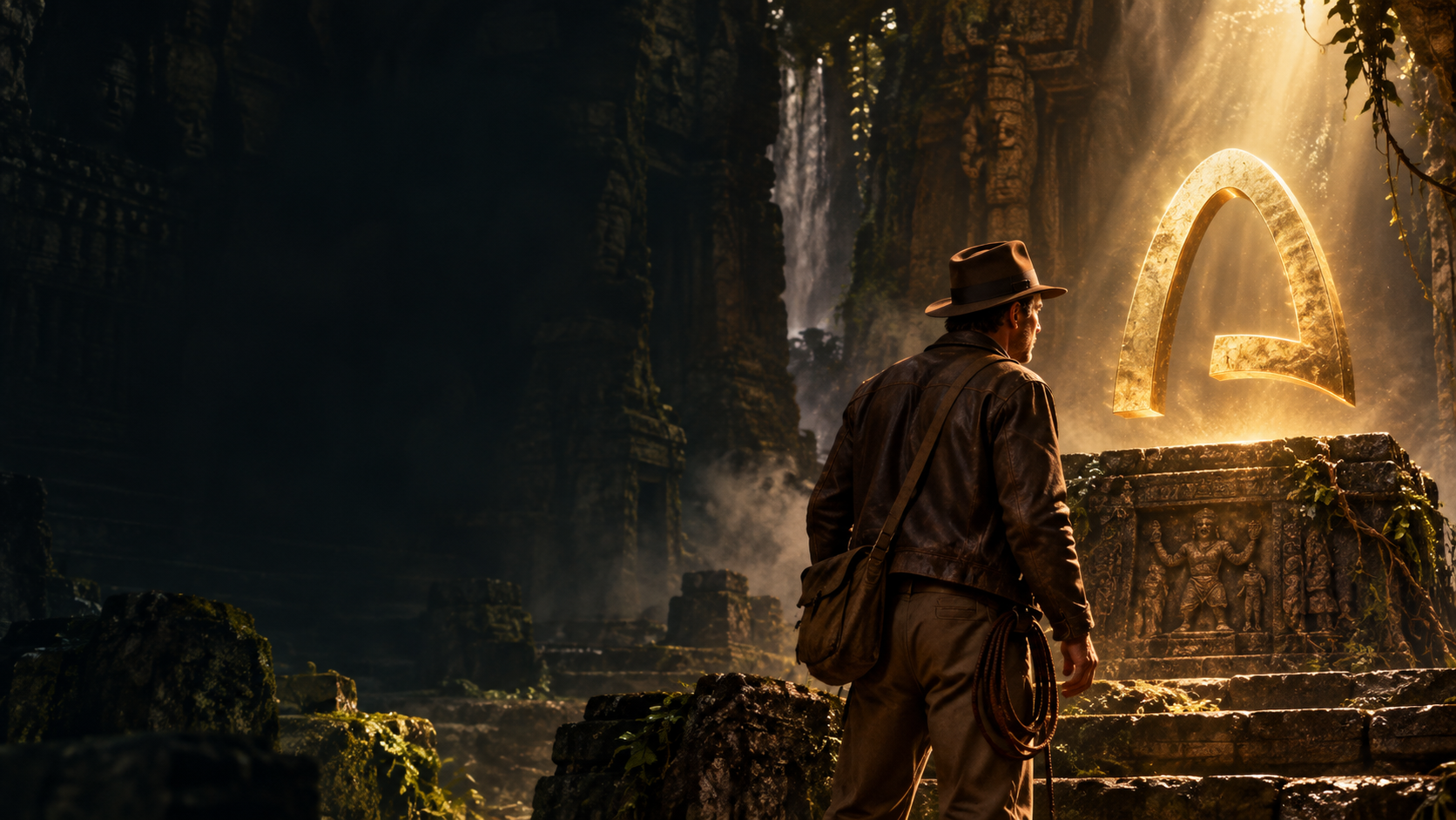 An explorer discovers the golden Arc relic inside a torchlit temple.