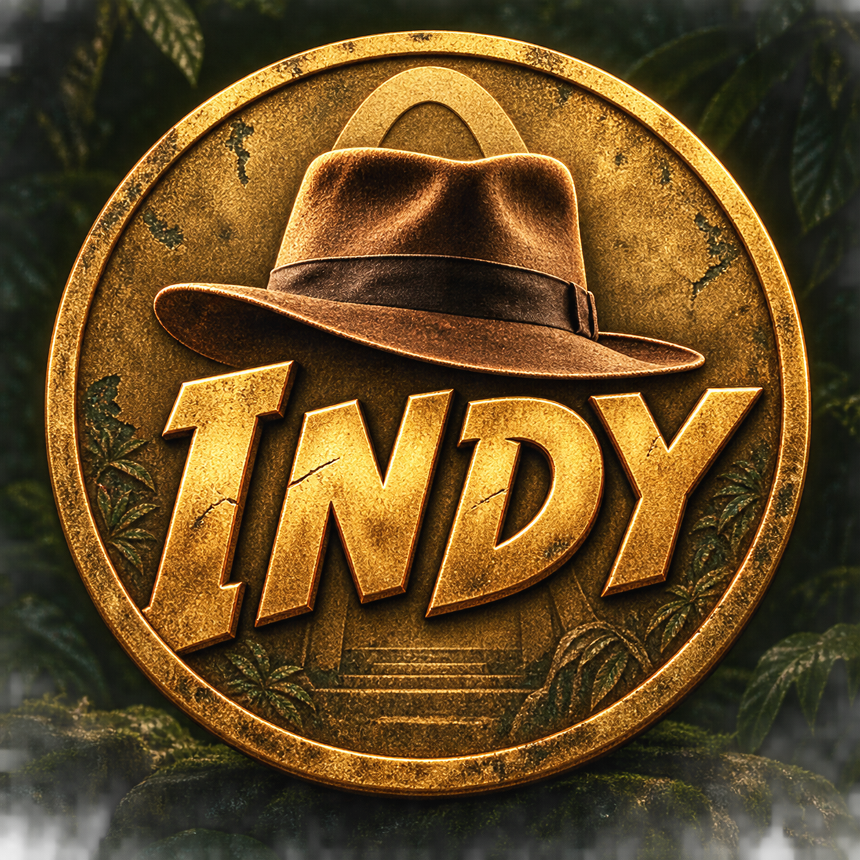 INDY gold medallion with a fedora
